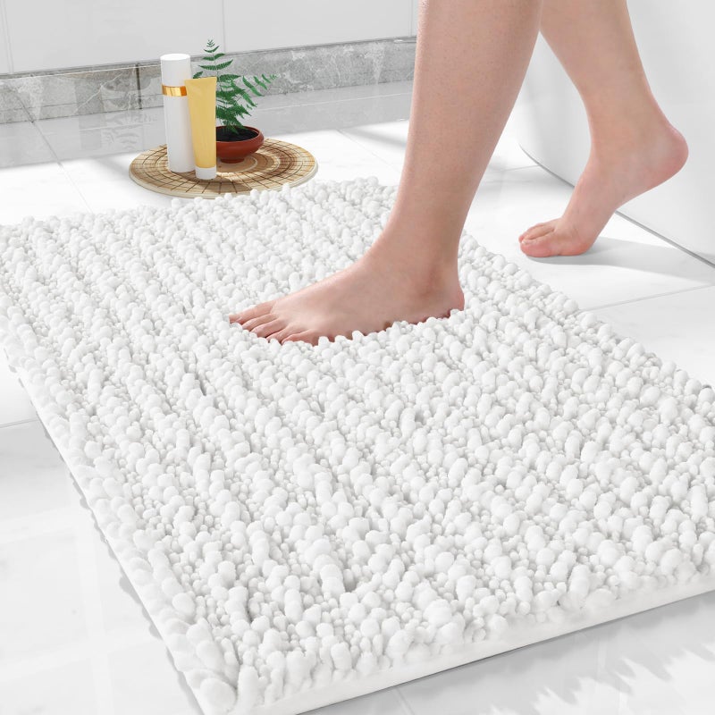 Yimobra Bathroom Rugs Non Slip Washable - Ultra Soft Absorbent Chenille Bath Mat, Quick Dry Shaggy Floor Carpet for Tub Shower, White Home Decor Accessories, 24x17 Inch - Image 1